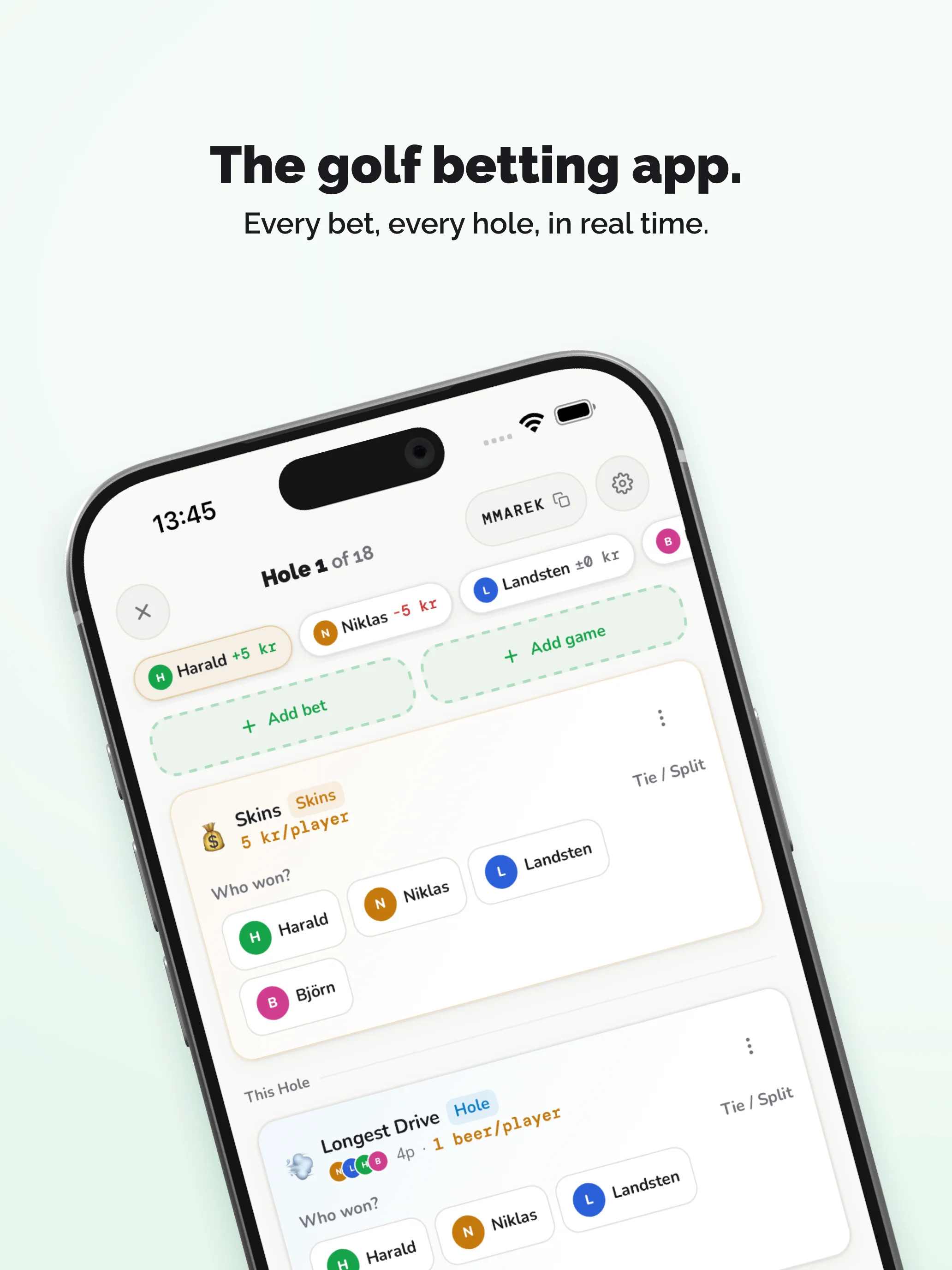 BetCaddy — live round view with bets on every hole