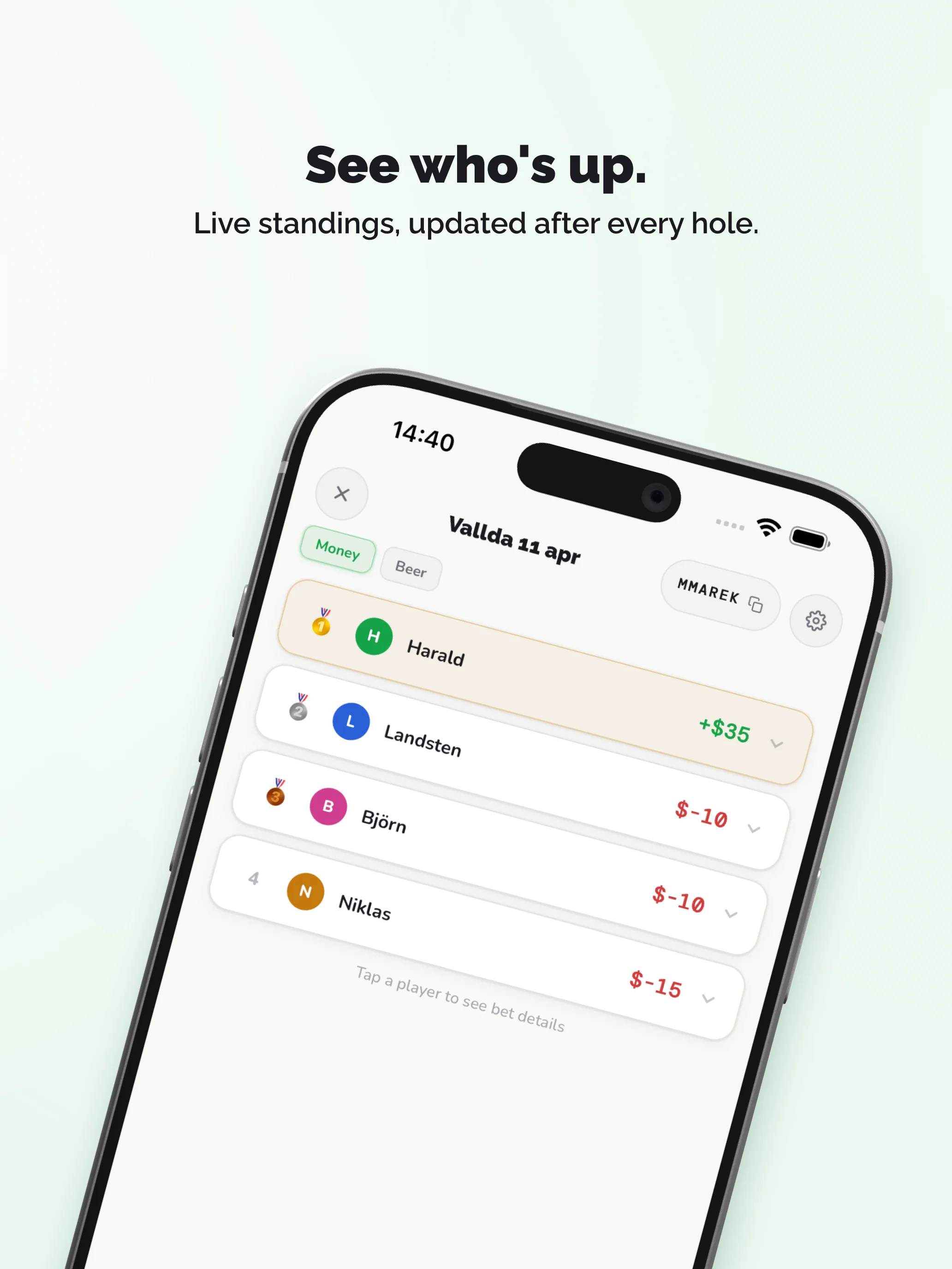 BetCaddy — live standings, updated after every hole