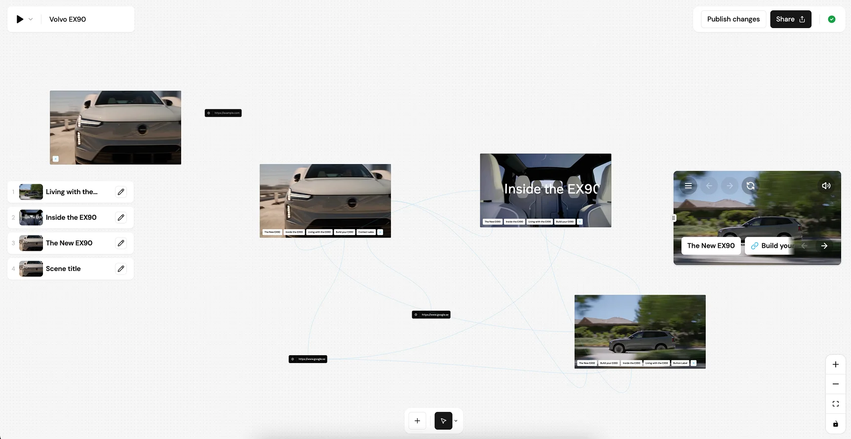 Kvark canvas editor — branching scenes on a Figma-like node canvas