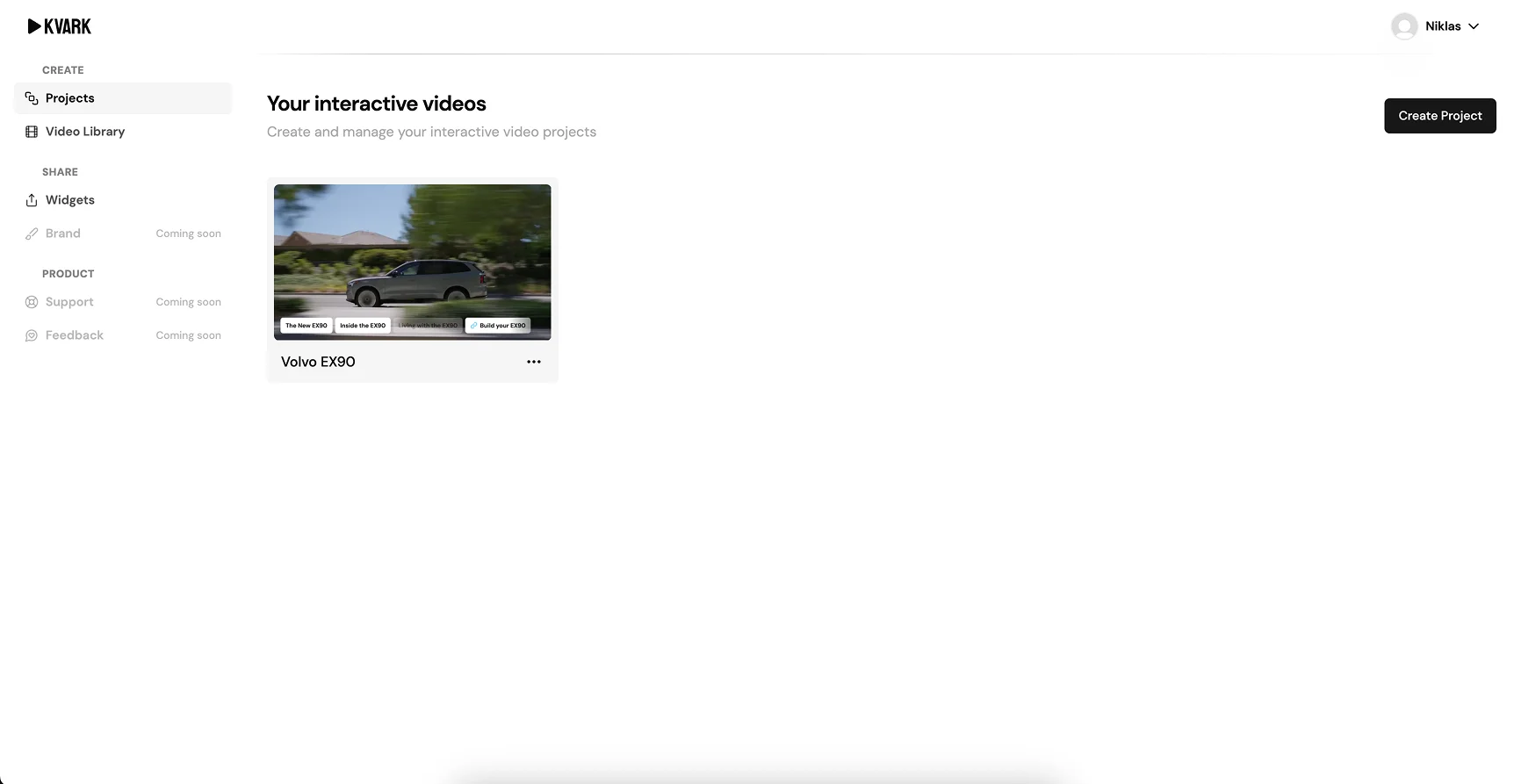 Kvark projects dashboard — “Your interactive videos”