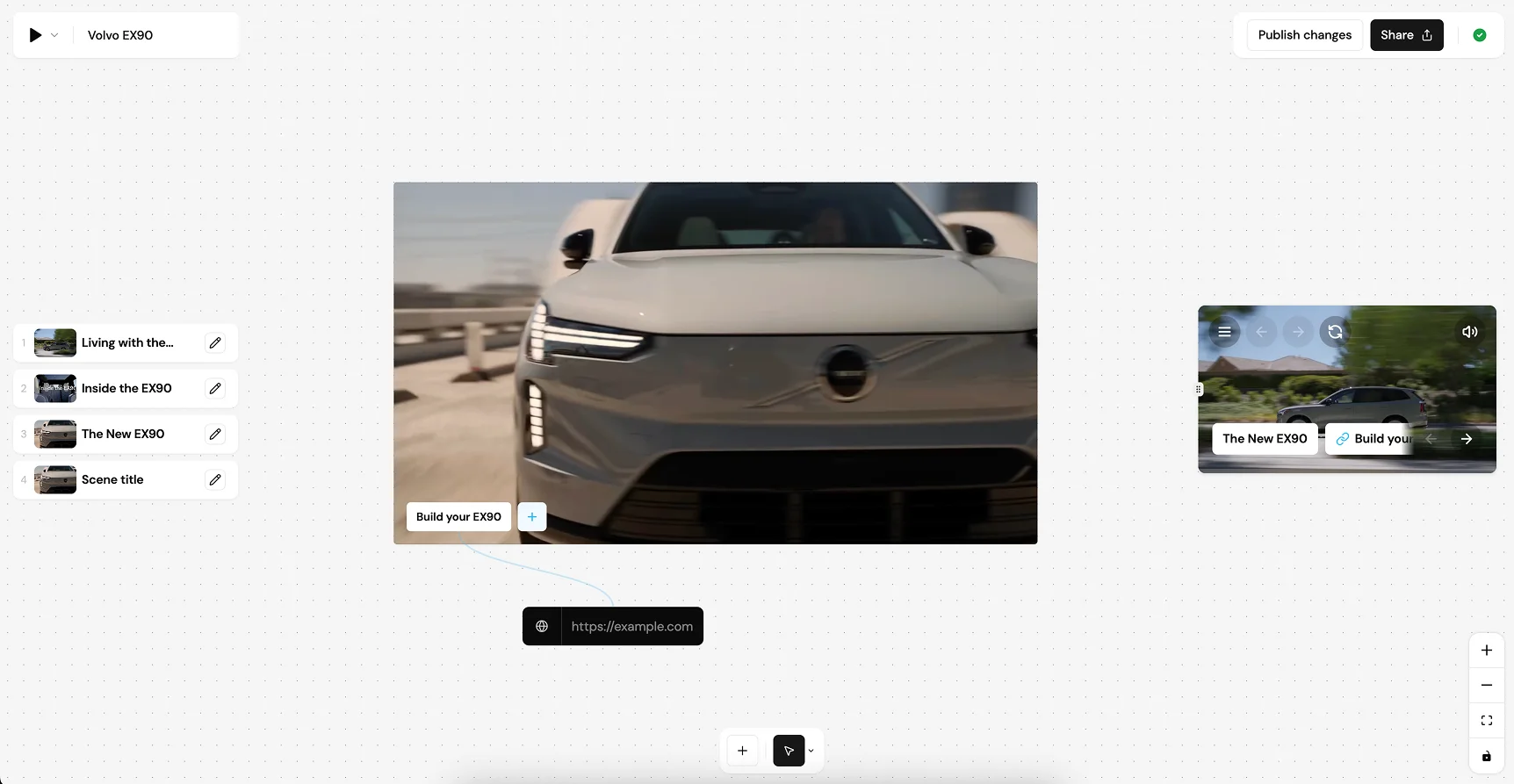 Kvark scene editor with a clickable call-to-action over the video
