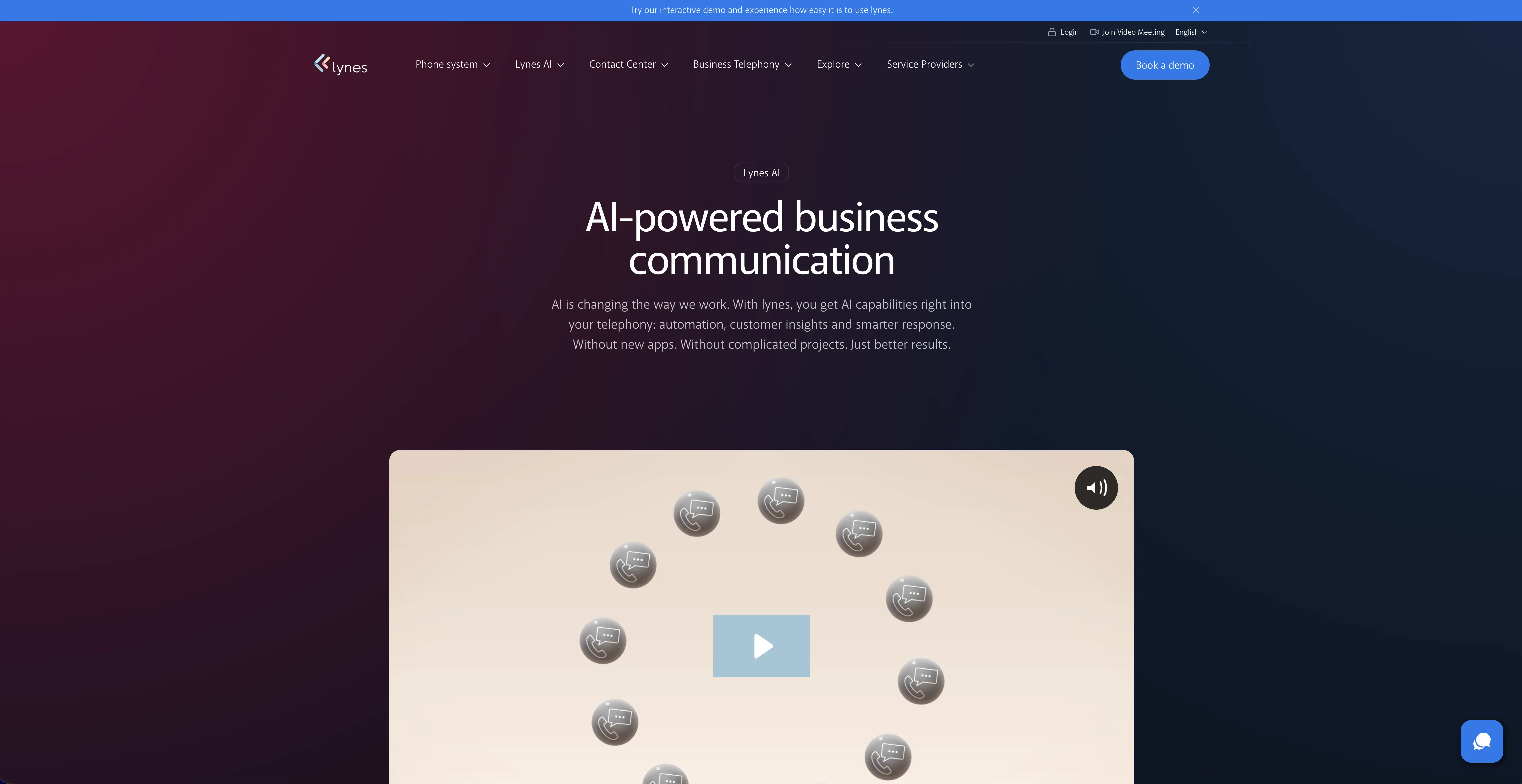Lynes AI page — “AI-powered business communication”