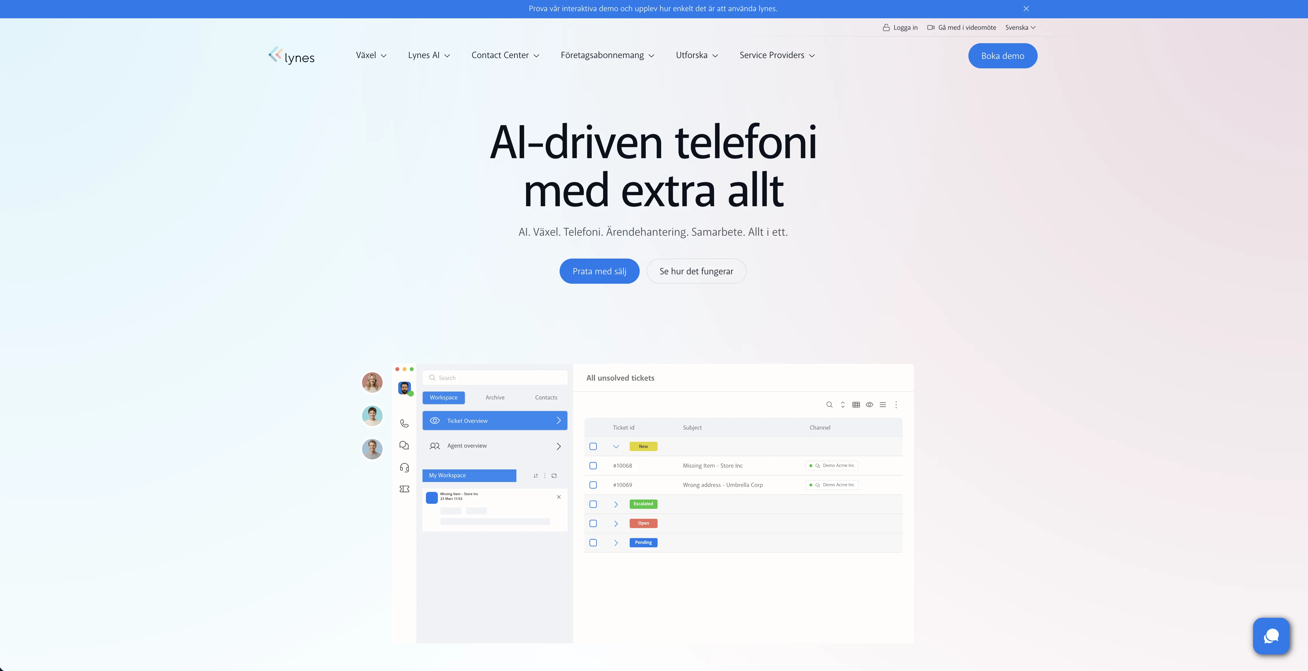 Lynes homepage hero — “AI-driven telefoni med extra allt”