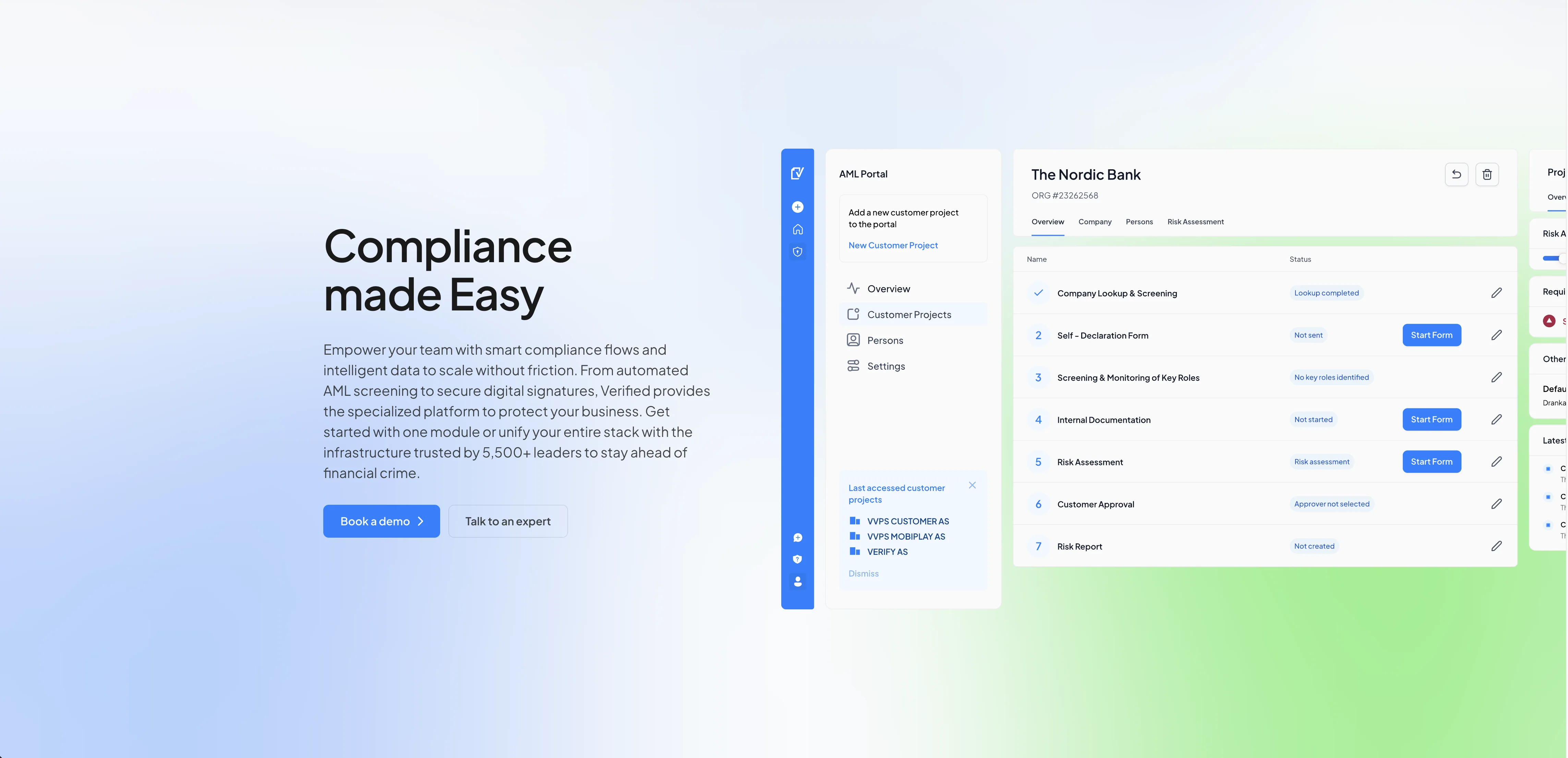 Verified homepage hero — “Compliance made Easy” with the AML portal