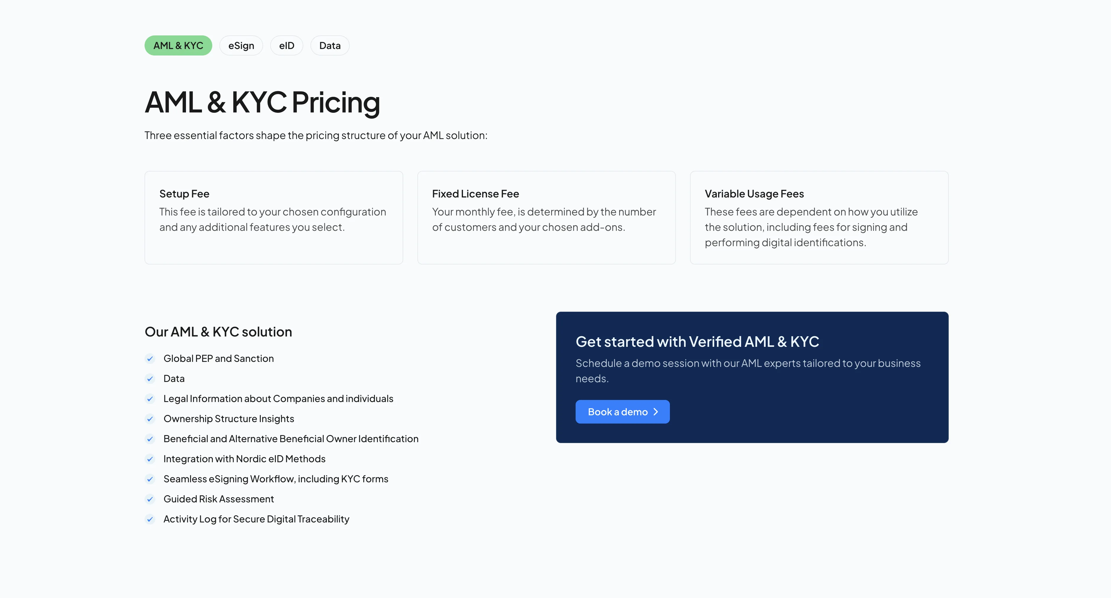 AML & KYC pricing section on the Verified site